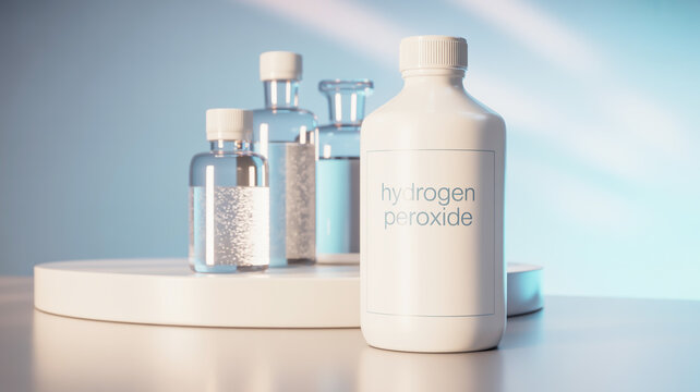 Clear liquid bottles with white caps and labels hydrogen peroxide