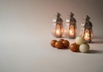 Diwali lanterns and sweets on neutral background, minimal stock mockup 