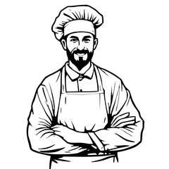 Detailed minimalist line vector art illustration of a baker with modern digital and vintage aesthetic elements for graphic resource use