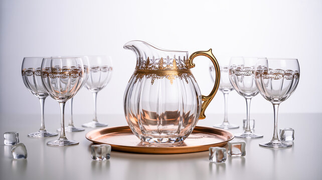 Clear glass pitcher with gold trim and wine glasses with gold rim ice cubes