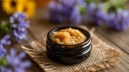Natural Honey Scrub in Dark Jar with Lavender and Sunflower on Rustic Wooden Table Background
