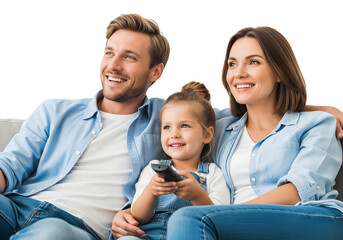 Happy family bonding and enjoying a cozy evening together, watching their favorite show in the comfort of their own home, creating cherished memories.