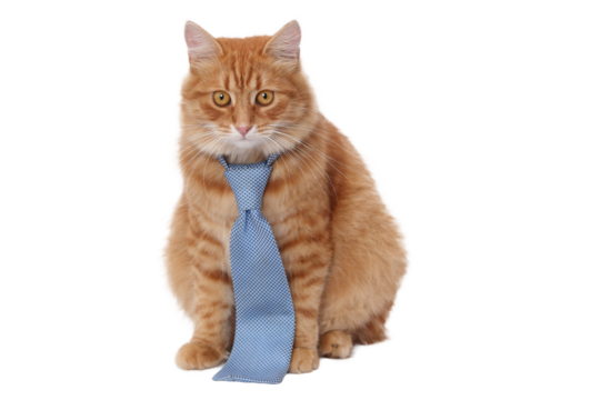 Transparent PNG of a cute ginger cat wearing a blue tie, isolated vector-style element for design, clipart, mascot, business and education concept.