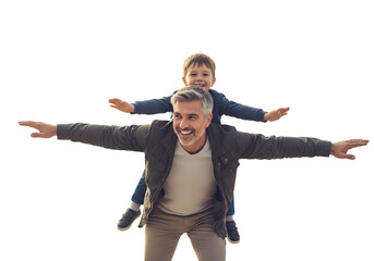 A joyful father gives his son a playful piggyback ride, arms outstretched like wings, capturing the light, whisk-like essence of pure happiness and their unbreakable bond.