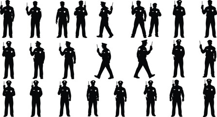 Police officer silhouette, armed officer, law enforcement, gun handling, security force, tactical stance, public safety, patrol duty, police action poses