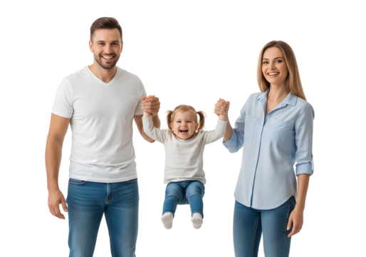 A heartwarming and vibrant portrait of a happy family, with cheerful parents playfully lifting their adorable child, creating a moment of pure joy and dynamic connection.