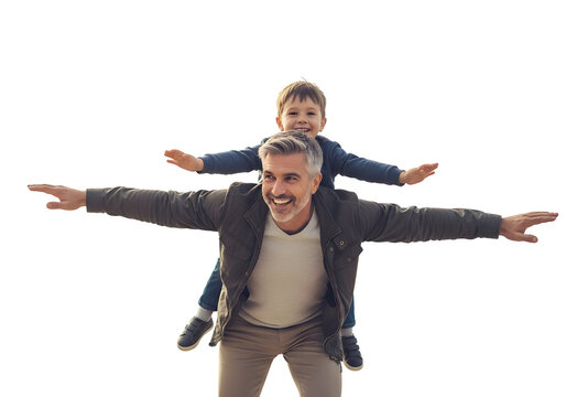 A joyful father gives his son a playful piggyback ride, arms outstretched like wings, capturing the light, whisk-like essence of pure happiness and their unbreakable bond.