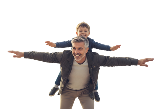 A joyful father gives his son a playful piggyback ride, arms outstretched like wings, capturing the light, whisk-like essence of pure happiness and their unbreakable bond.