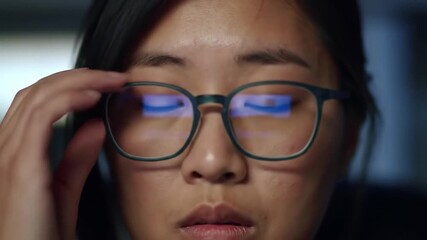 Young woman adjusting glasses, focused on a bright screen with digital reflections. - Powered by Adobe