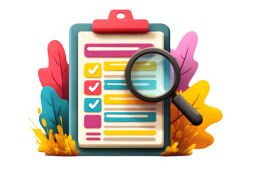 Detailed checklist review with magnifying glass, symbolizing progress and meticulous task management for effective business operations and project success.