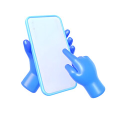 3D Render of Blue Hands Holding and Interacting with a Blank Smartphone Screen on a Black Background