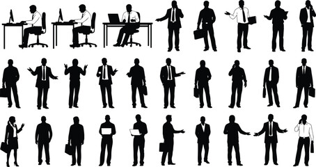Silhouettes of business professionals, office workers, meetings, computer work, phone calls, walking, talking, teamwork, corporate lifestyle, career activities