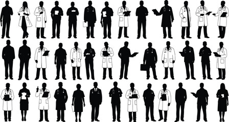 Silhouettes of diverse professionals including doctors, nurses, business and casual workers, various poses, occupational diversity, teamwork, workplace attire