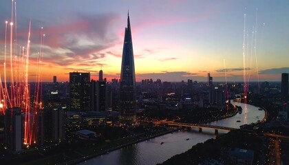 A sprawling cityscape, bathed in the warm hues of sunset, displays illuminated skyscrapers and a flowing river, punctuated by vibrant fireworks displays.