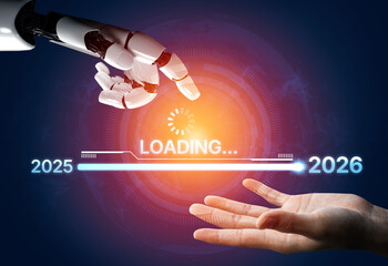 AI visualizes the transition from 2025 to 2026 using smart progress tracking, predictive goal-setting tools, and business transformation insights. Artificial intelligence spline