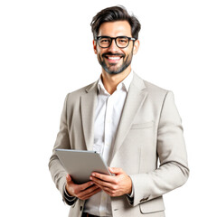 Smiling businessman wearing glasses and a blazer holding a tablet computer isolated on transparent background