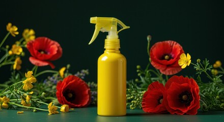 Yellow Spray Bottle with Red Poppies on Green Surface