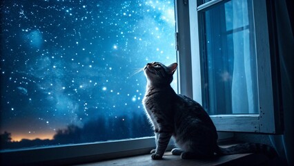 Cat Looking Up at Blue Night Sky with Stars and Dreamy Glow