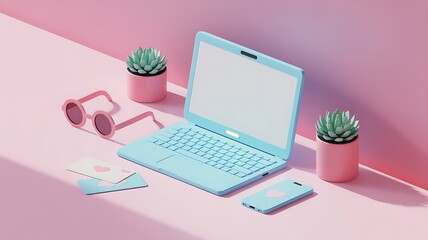 Pastel aesthetic workspace with laptop phone succulent sunglasses and cards for creative professionals and freelancers office and summer vibe
