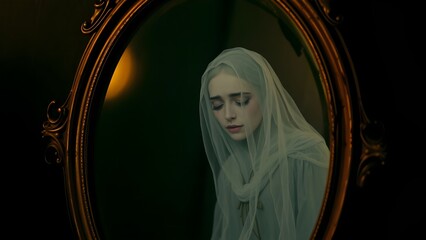 A ghostly or ethereal figure of a woman looking at her reflection in a vintage mirror.