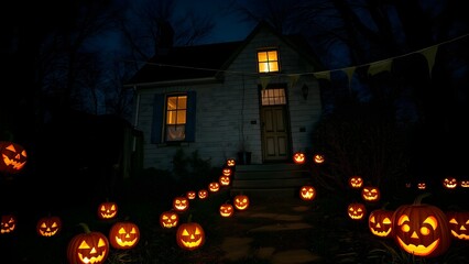A festive Halloween scene with a house decorated with many glowing jack-o'-lanterns at night.