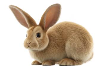 A fluffy, brown rabbit with long ears sits, looking curious