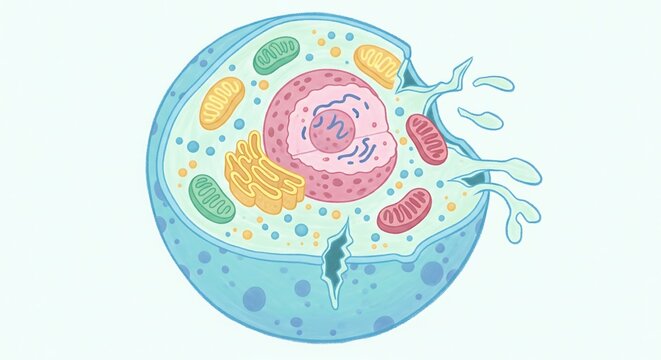 Detailed illustration of a eukaryotic animal cell undergoing lysis, showing damage and internal organelles bursting.
