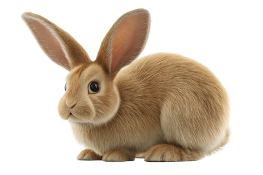 A fluffy, brown rabbit with long ears sits, looking curious