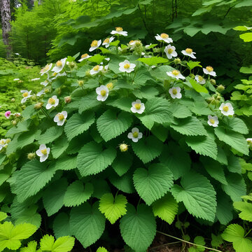 Dense thimbleberry bush covered in vibrant flowers and lush green leaves , nature, overgrowth
