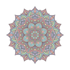 Intricate pastel-colored floral mandala design, symmetrical, centered on a white background.