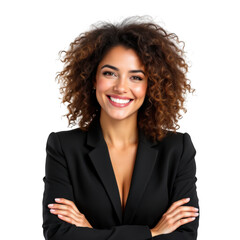 Smiling professional woman with curly hair wearing a black blazer with arms crossed isolated on transparent background