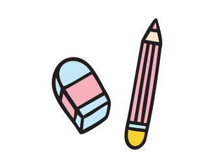 Pencil and eraser, stationery pair for study, colorful school doodle, hand drawn