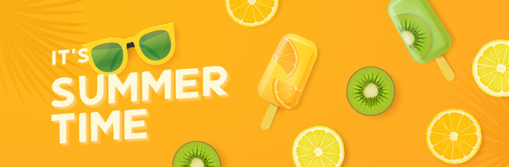 Colorful Summer Sale banner with tropical fruits, ice cream and sunglasses background.