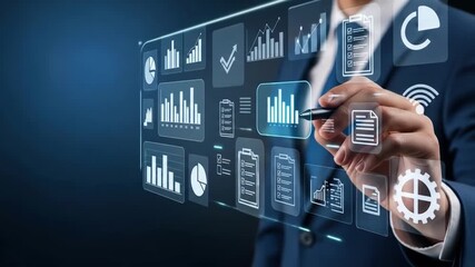 A businessman interacts with a futuristic digital display showing complex charts graphs and data analysis elements Innovation technology and business progress are highlighted - Powered by Adobe