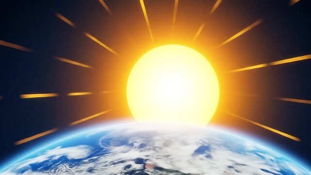 Sunrise over Earth with vibrant orange rays against dark space background on Chhath Puja day