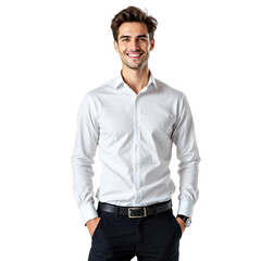 Fototapeta premium Professional young man wearing a crisp white dress shirt and dark trousers smiling confidently isolated on transparent background