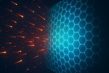 Abstract glowing hexagonal shield futuristic digital protection firewall cybersecurity defense barrier technology blue grid network security system background with orange sparks particle data protecti