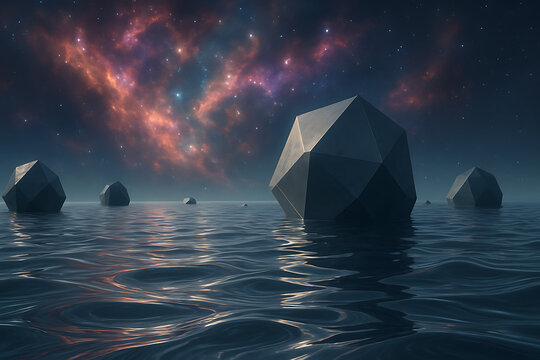 Geometric polyhedron rocks floating on calm water surface under starry night sky with colorful cosmic galaxy nebula, surreal futuristic landscape fantasy environment concept with mysterious abstract f