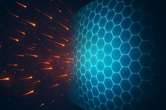 Abstract glowing hexagonal shield futuristic digital protection firewall cybersecurity defense barrier technology blue grid network security system background with orange sparks particle data protecti