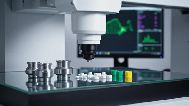 Automated Precision Measurement Equipment With Metal Plastic Components On Clear Surface