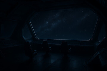 Dark futuristic spaceship interior window view cosmic galaxy night sky stars science fiction spacecraft cockpit observation deck cinematic space travel technology exploration interstellar universe sce