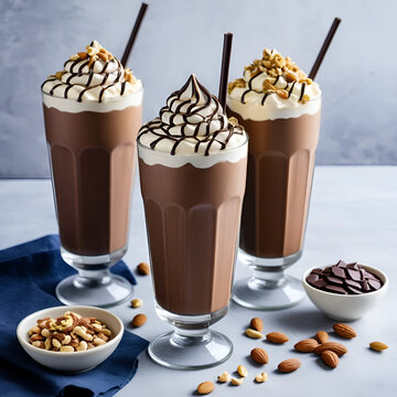 Indulgent Trio: Rich Chocolate Milkshakes Garnished with Crunchy Nuts and Smooth Chocolate Drizzle