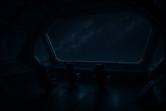 Dark futuristic spaceship interior window view cosmic galaxy night sky stars science fiction spacecraft cockpit observation deck cinematic space travel technology exploration interstellar universe sce