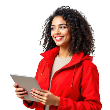 Young woman with curly hair wearing a red hooded jacket holding a tablet computer and smiling brightly isolated on transparent background