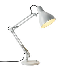 Modern white adjustable desk lamp with articulated arm illuminating against a dark background