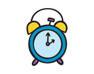 Classic alarm clock for early classes, colorful school doodle, hand drawn