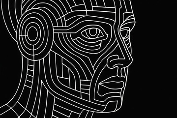 robotic face line art illustration, abstract artificial intelligence portrait design, modern cyber technology concept, digital humanoid head visualization, sci fi machine learning artwork background
