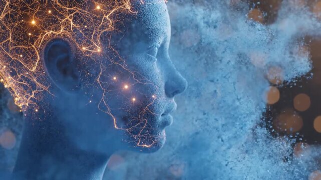Digital Artificial Intelligence Concept Blue Female Head Exploding Golden Spark Dust