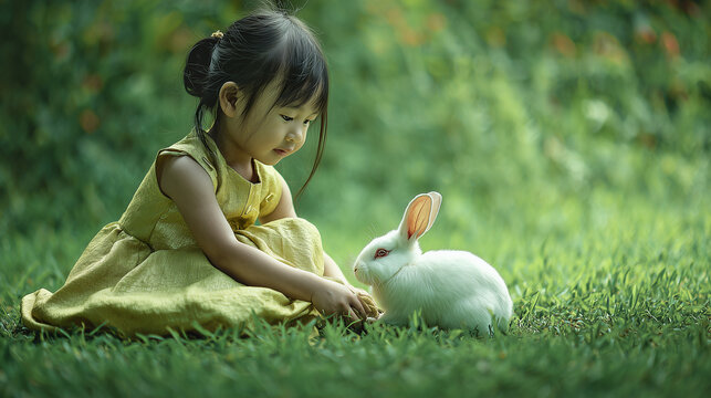 Asian little girl in a dress playing with a rabbit on the green grass. Friendschip between child and pet. Cute animal, alternative pet. Young girl playing with rabbit in the garden. Cute bunny.