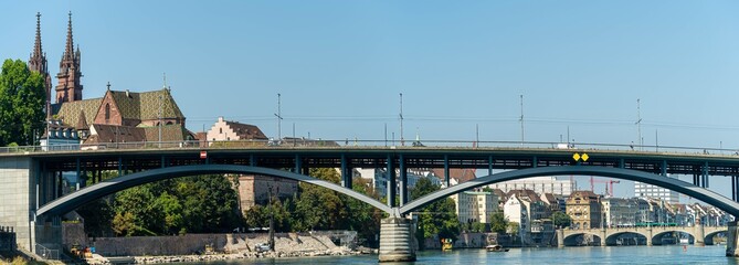 Panoramic view of the bridge and Basel Cathedral from the river